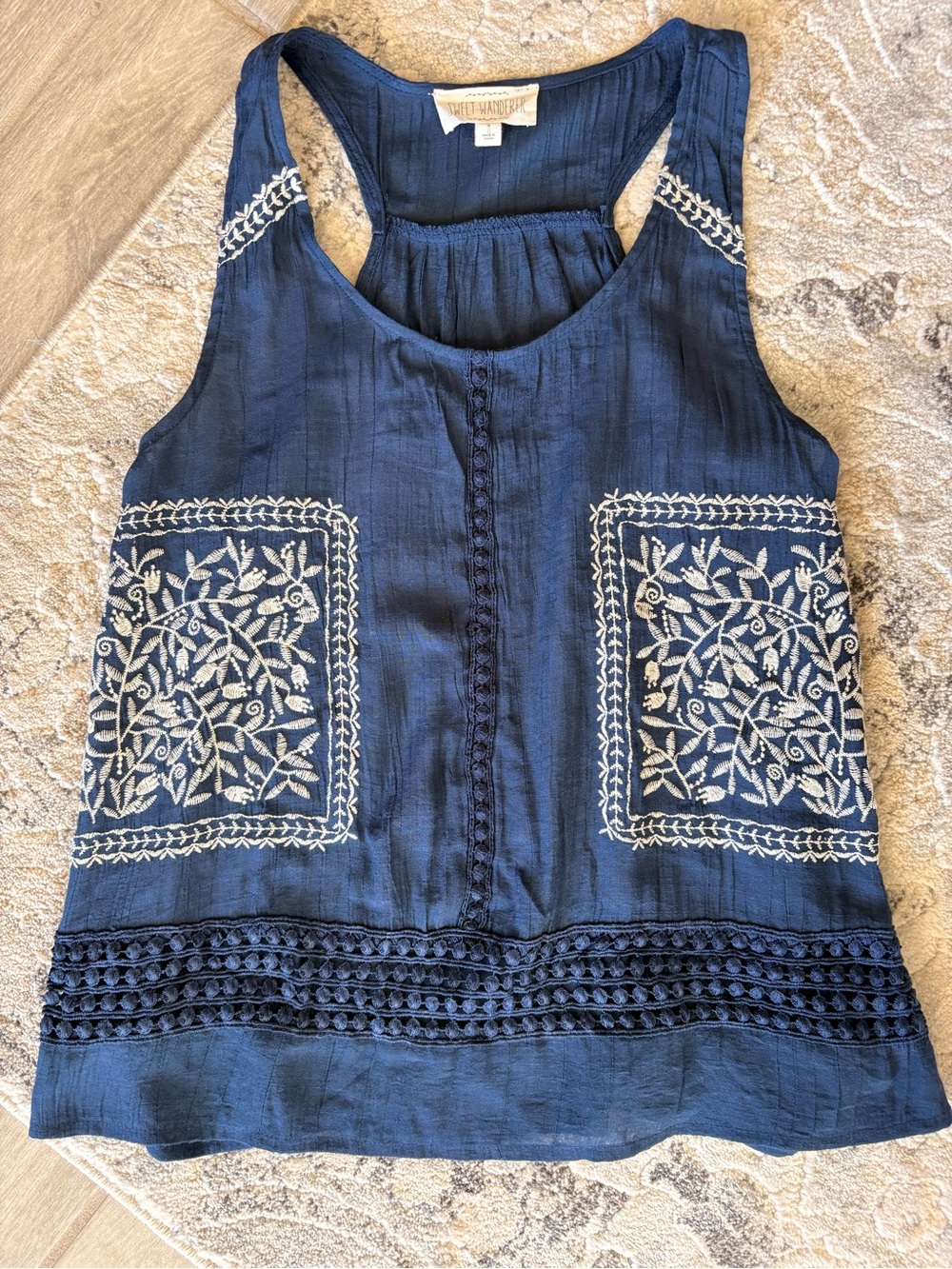 Sweet Wanderer Navy Tank Top with White Embroidered Floral Design